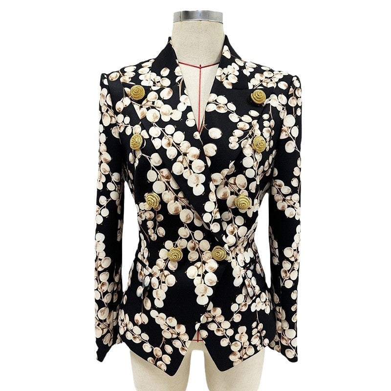 Metallic Snail Button Blazer With Floral Print Trousers