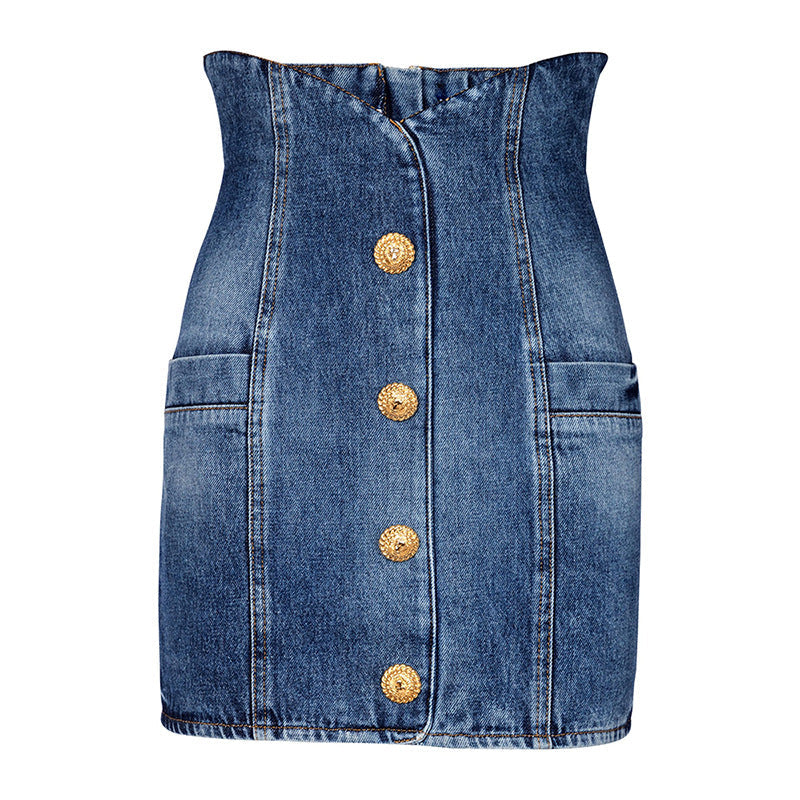 Denim High-Waisted Mini Skirt with Stitching Details