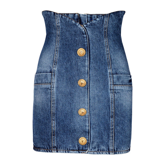 Denim High-Waisted Mini Skirt with Stitching Details