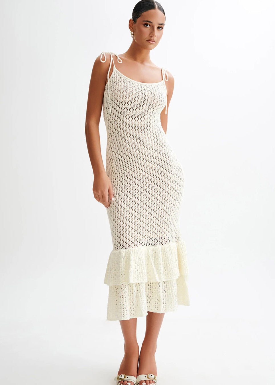 Knit Maxi Dress With Lace Knit And Ruffle Hem