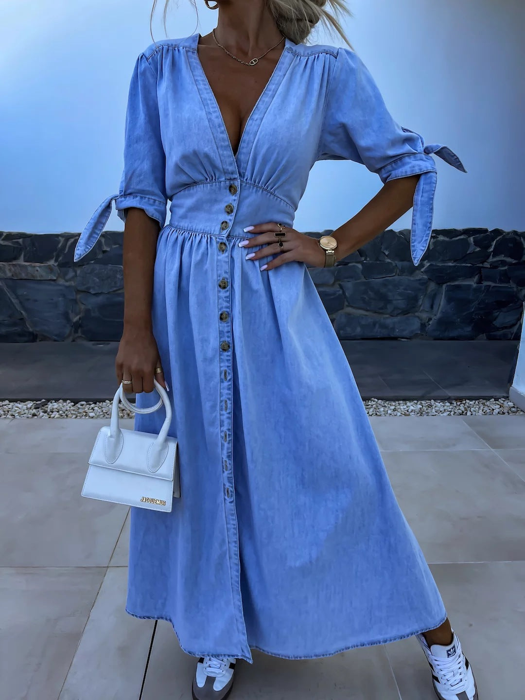 V-Neck Button Up Denim Maxi Dress Stylish Casual