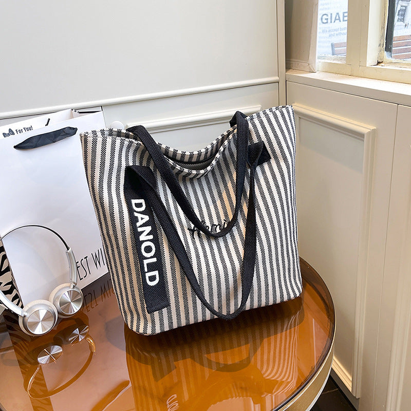 Stylish Stripe Canvas Tote Bag Large Capacity Casual Commuter Bag