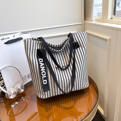 Stylish Stripe Canvas Tote Bag Large Capacity Casual Commuter Bag