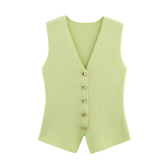 Knit Button Down Sleeveless V-Neck Tank Top