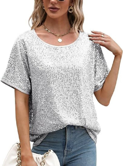 Loose Sequin Deep V-Neck Short Sleeve Top