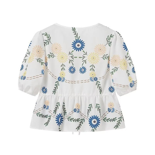 Trendy Flower Printed Tie Front Crop Top