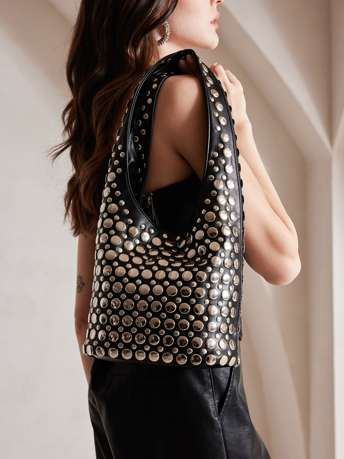 Punk Style Rivet-Embellished Bucket Bag for Women