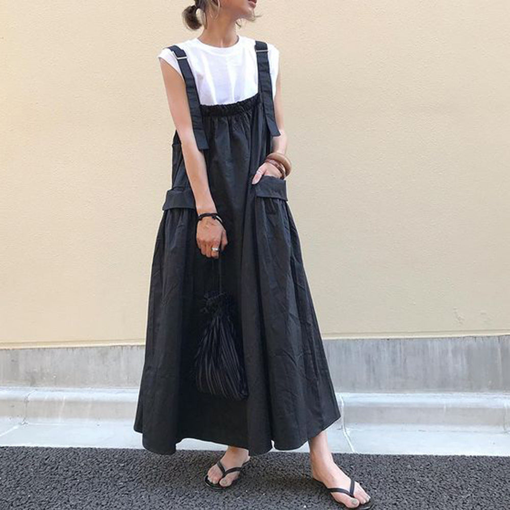Spot  Skirt Suit In Mid-Summer Long Big Pocket Knee-Length Aging Pocket Cute Japanese Bib Skirt