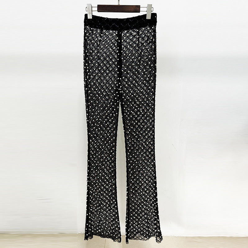 Trendy Hollow Floral Beaded Blazer Pants Set