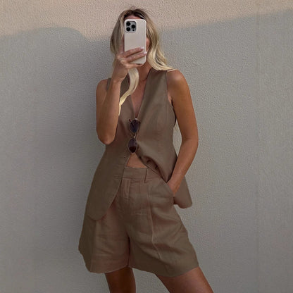Solid Color Casual Vest and Shorts Sets