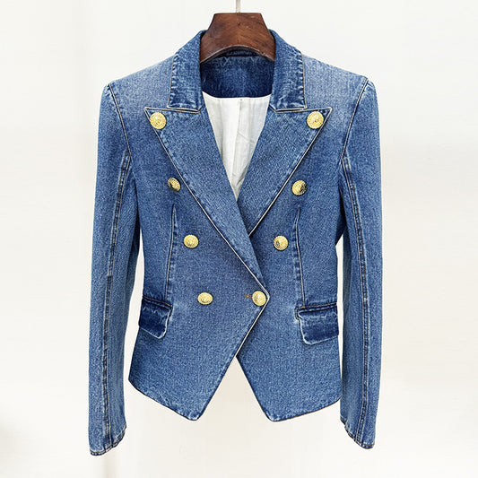 Trendy Tailored Double-Breasted Denim Blazer