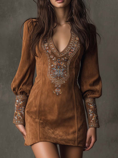 The Embroidered Suede Boho Mini Dress