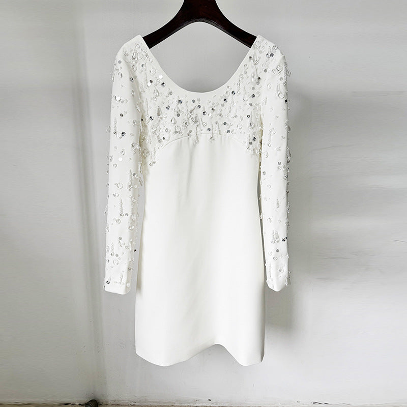 Long Sleeve U-Neck Sequin Dress Elegant Mini Cocktail Dress