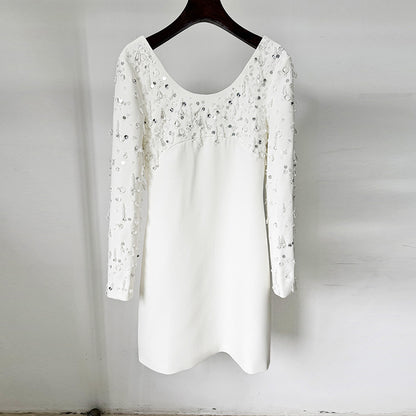 Long Sleeve U-Neck Sequin Dress Elegant Mini Cocktail Dress