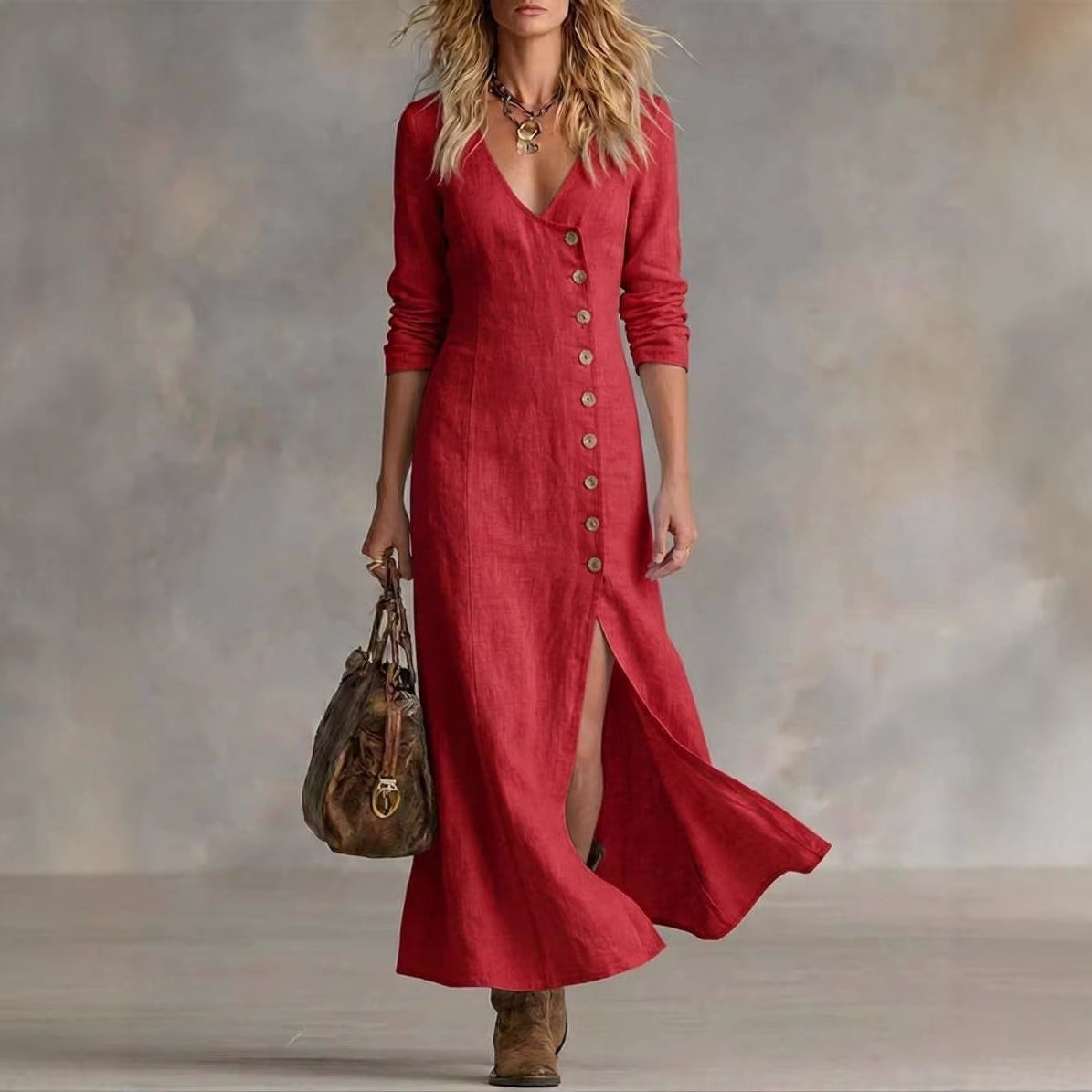 Long Multi-Button Fashion Cotton And Linen Dresses