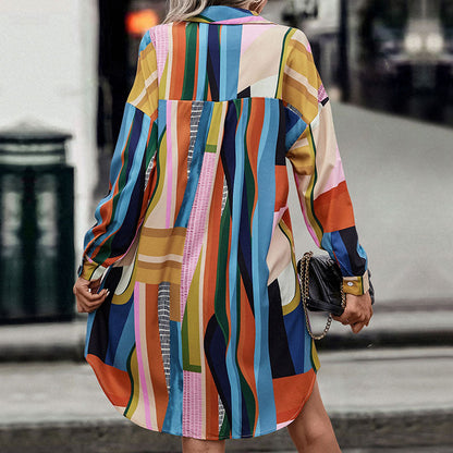 New Fashion Women'S Color-Block Lapel Temperament Mid-Length Shirt Dress