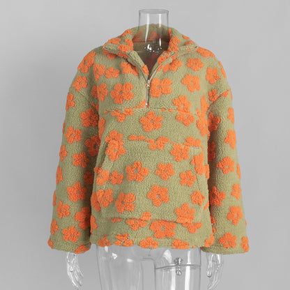 Floral Pattern Fleece Hoodie Casual Warm Sweatshirt