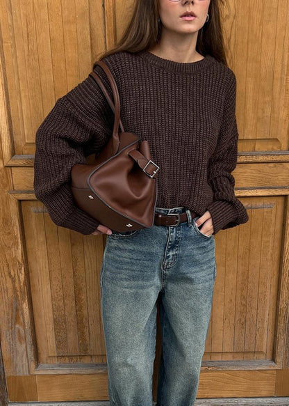 Chunky Knit Pullover Sweater Dark Brown