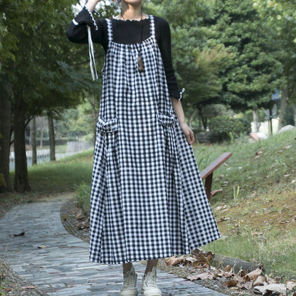 Spring And Autumn Ethnic Style Printed Cotton Hemp Strap Dress Loose Swing Large Pocket Long Dress
