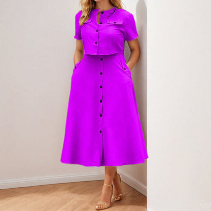Elegant Solid Color Casual Short Sleeve Top and Skirt Set