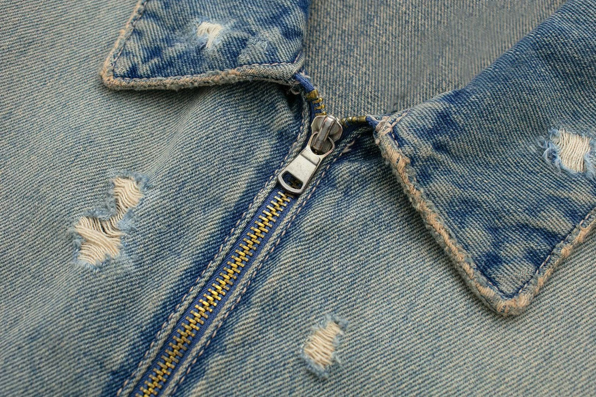 Simple Ripped Zip Up Cropped Jacket