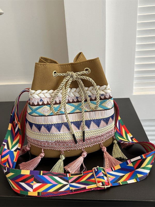 Trendy Ethnic Style Fringed Bucket Bag Casual Shoulder Bag
