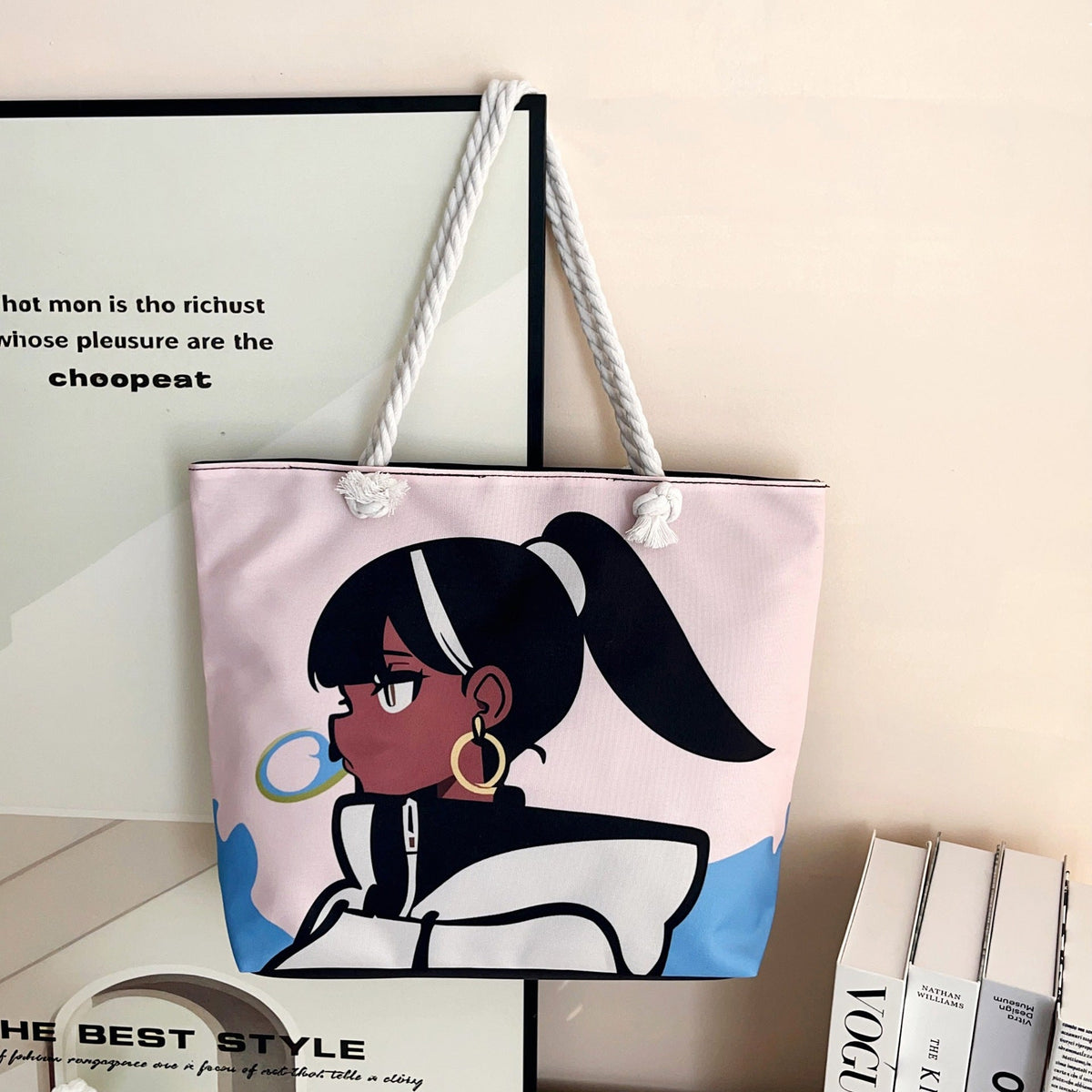 Trendy Cartoon Print Shoulder Tote Bag Durable Oxford Cloth Bag