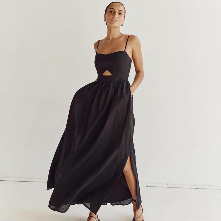 Black Breathable High-Waisted Midi Dress Elegant Casual