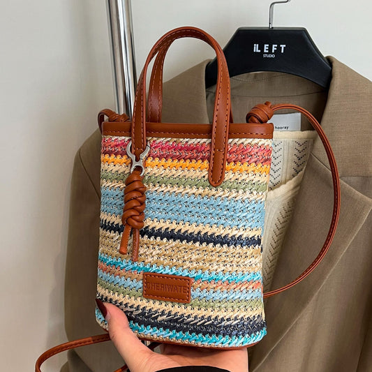 Rainbow Woven Tote Bag Stylish Summer Crossbody Bag