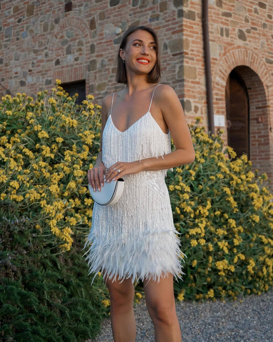 Stylish Fringed Sequin Feather Panels Dress Dress