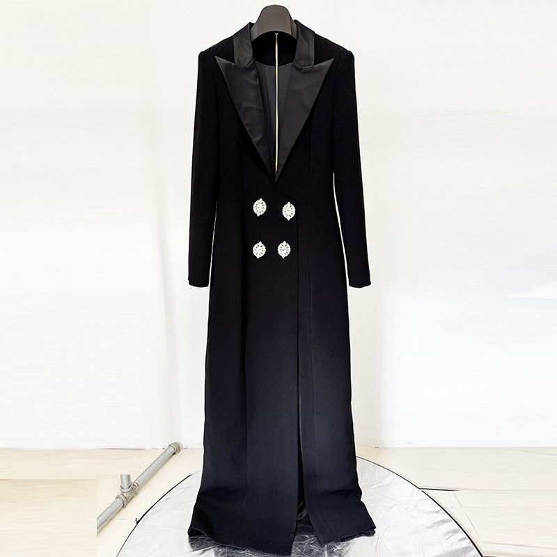 Deep V Neck Blazer Style Open Back Crisscross Maxi Dress
