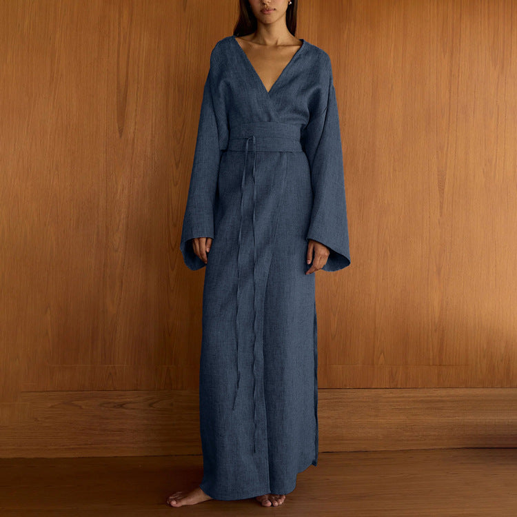 Casual Cross-Design Lace-Up French Dress V-Neck Long Sleeve High Waist Maxi Dress