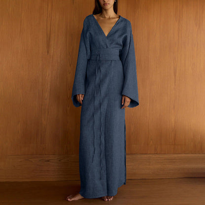 Casual Cross-Design Lace-Up French Dress V-Neck Long Sleeve High Waist Maxi Dress