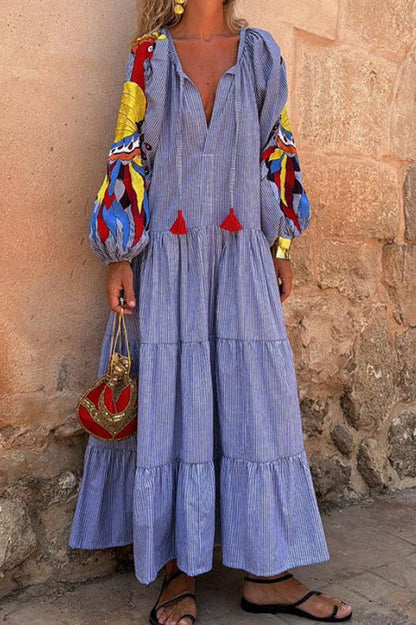 V Neck Striped Print Long Sleeve Dress Trendy Casual Polyester