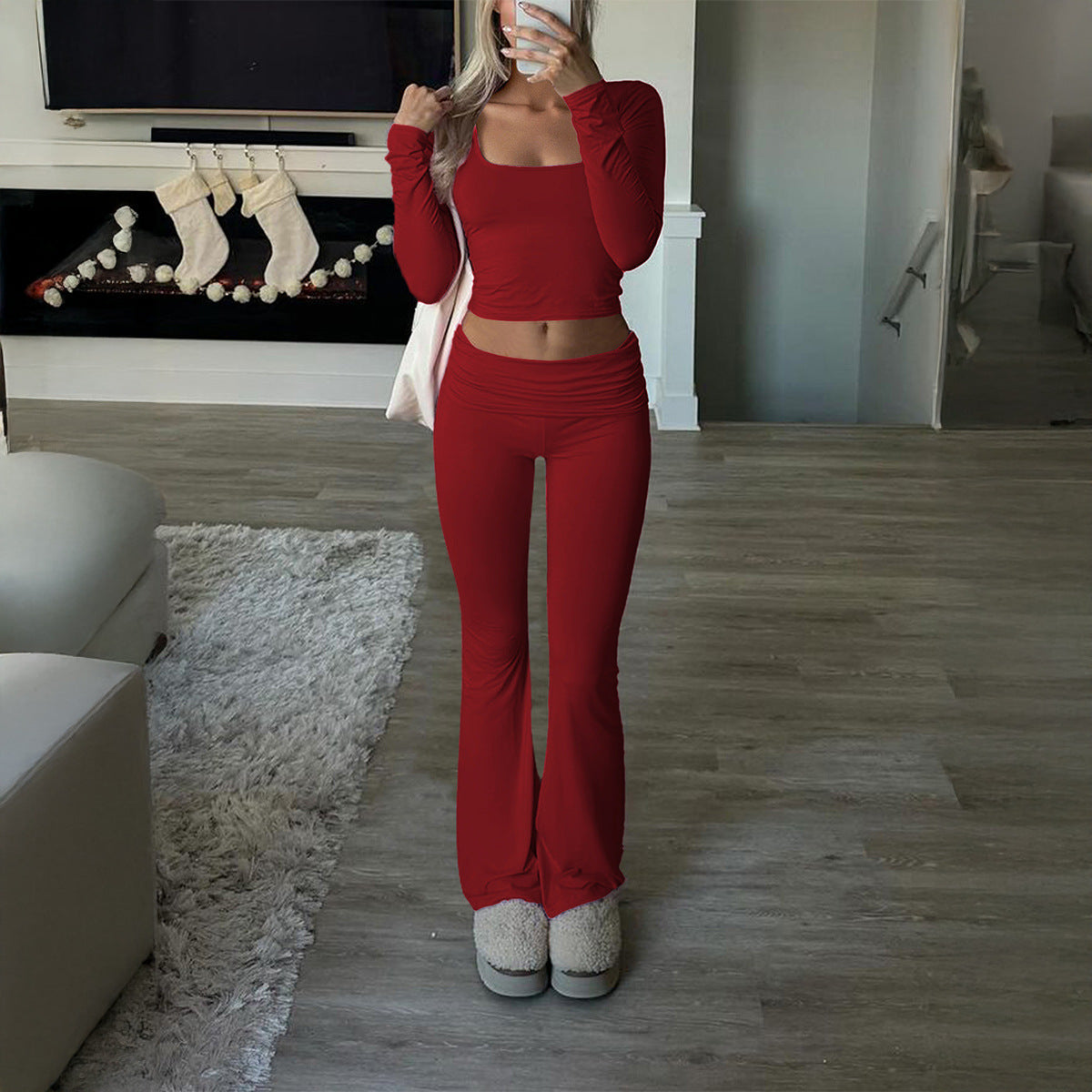 Casual Knit Long Sleeve Top and Pants Set