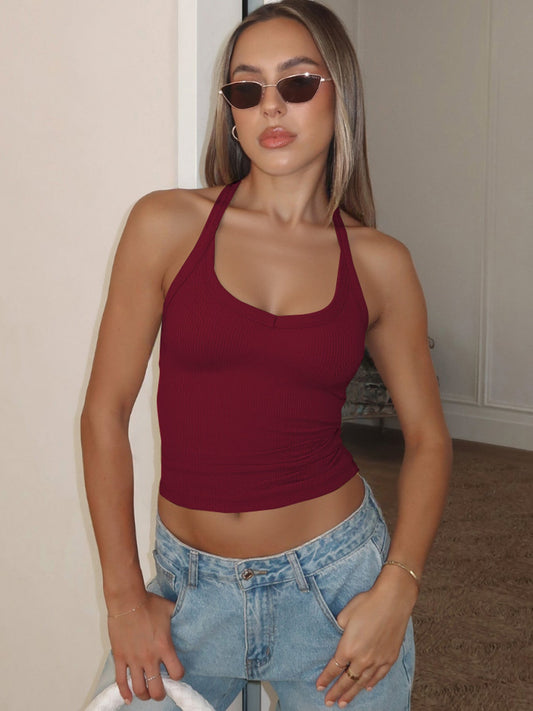 Sleeveless Knitted Top Sexy Fitted Halter Neck Solid Color