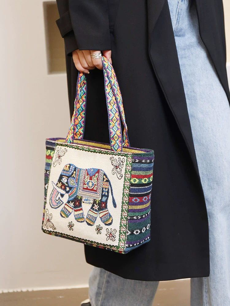 Tote Bag Women'S Bag Going Out Canvas Bag Double-Sided Casual Embroidery Large-Capacity Handbag Ethnic Style Small Square Bag