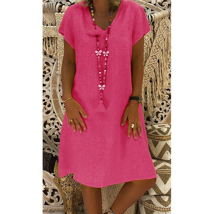 Short Sleeve Medium Skirt V-Neck Dress