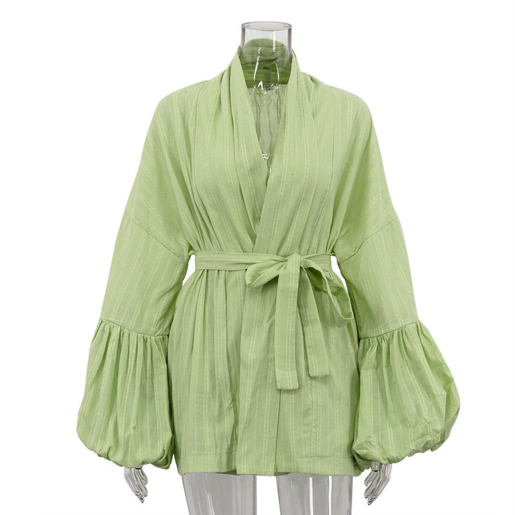 Cotton Puff Sleeve Tie Front Loose Cardigan with Shorts Set
