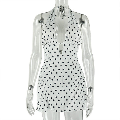 Polka Dot A-Line Dress Deep V Neck Sleeveless Fit & Flare