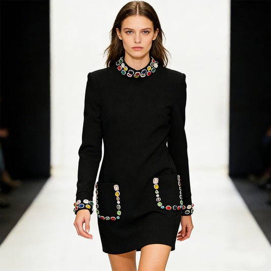 Fashionable Long Sleeve Beaded Dress With Colorful Gems