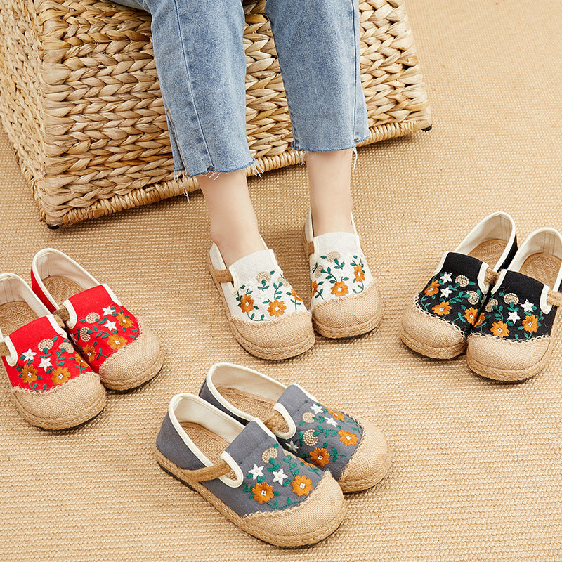 Spring Embroidered Shoes Flat-Heeled, Low-Cut Embroidered Shallow Shoes, Literary And Ethnic Style Women'S Shoes Linen Casual Shoes