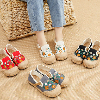 Spring Embroidered Shoes Flat-Heeled, Low-Cut Embroidered Shallow Shoes, Literary And Ethnic Style Women'S Shoes Linen Casual Shoes
