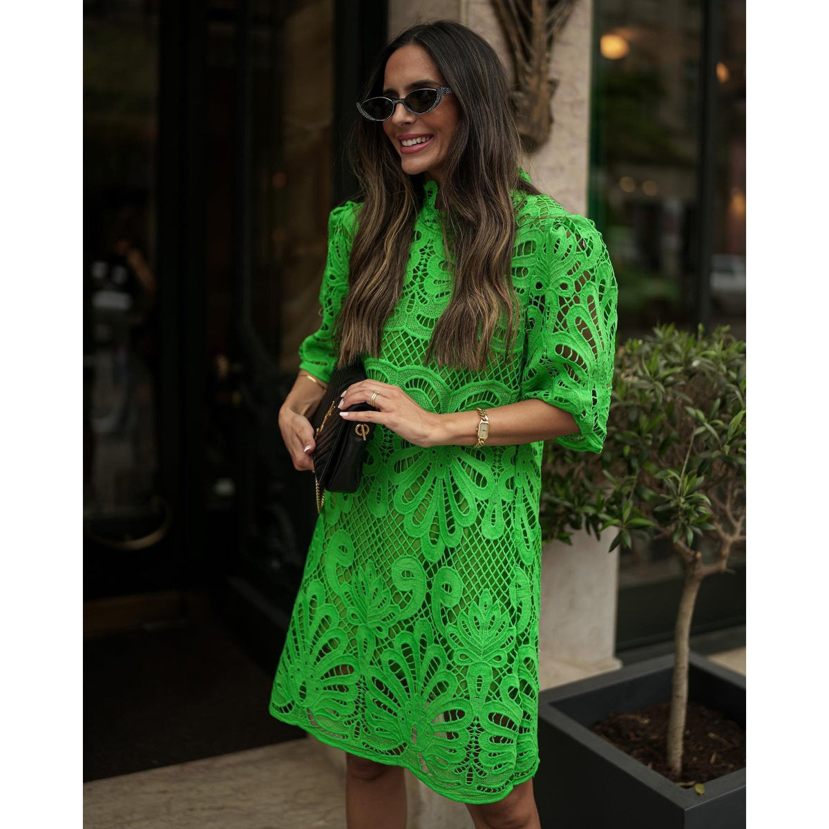 Autumn And Winter New Stand Neck Mid Sleeve Loose Fitting Dress Ins Casual Party Lace Dress