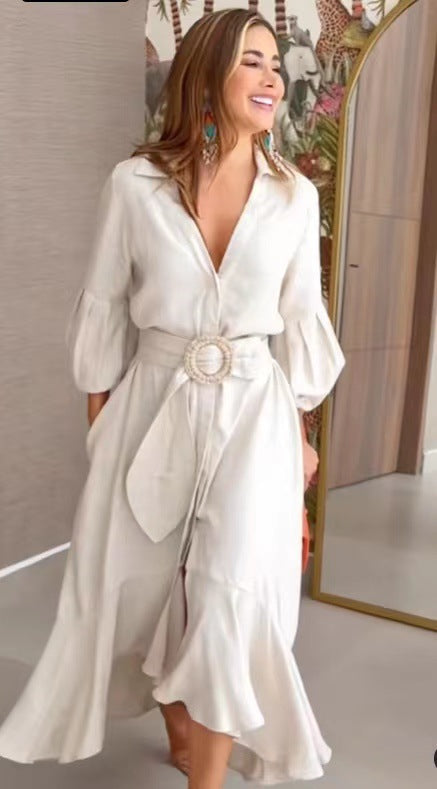 Green Dress Dress Fashion Casual Vneck Lapel Long Dress