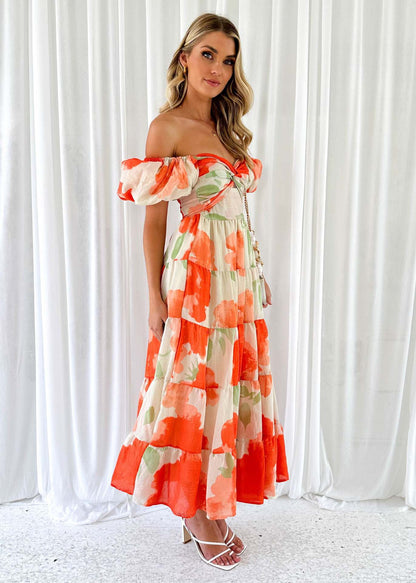 Floral Backless Puffy Sleeves Long Dress