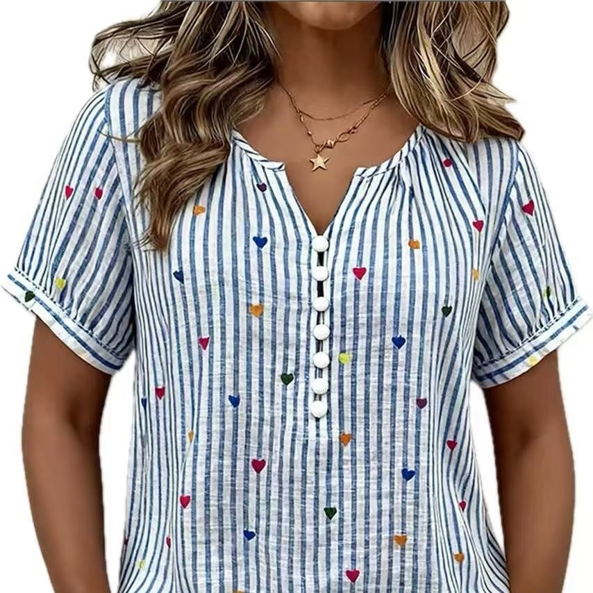 Colorful Heart Striped Henley Blouse