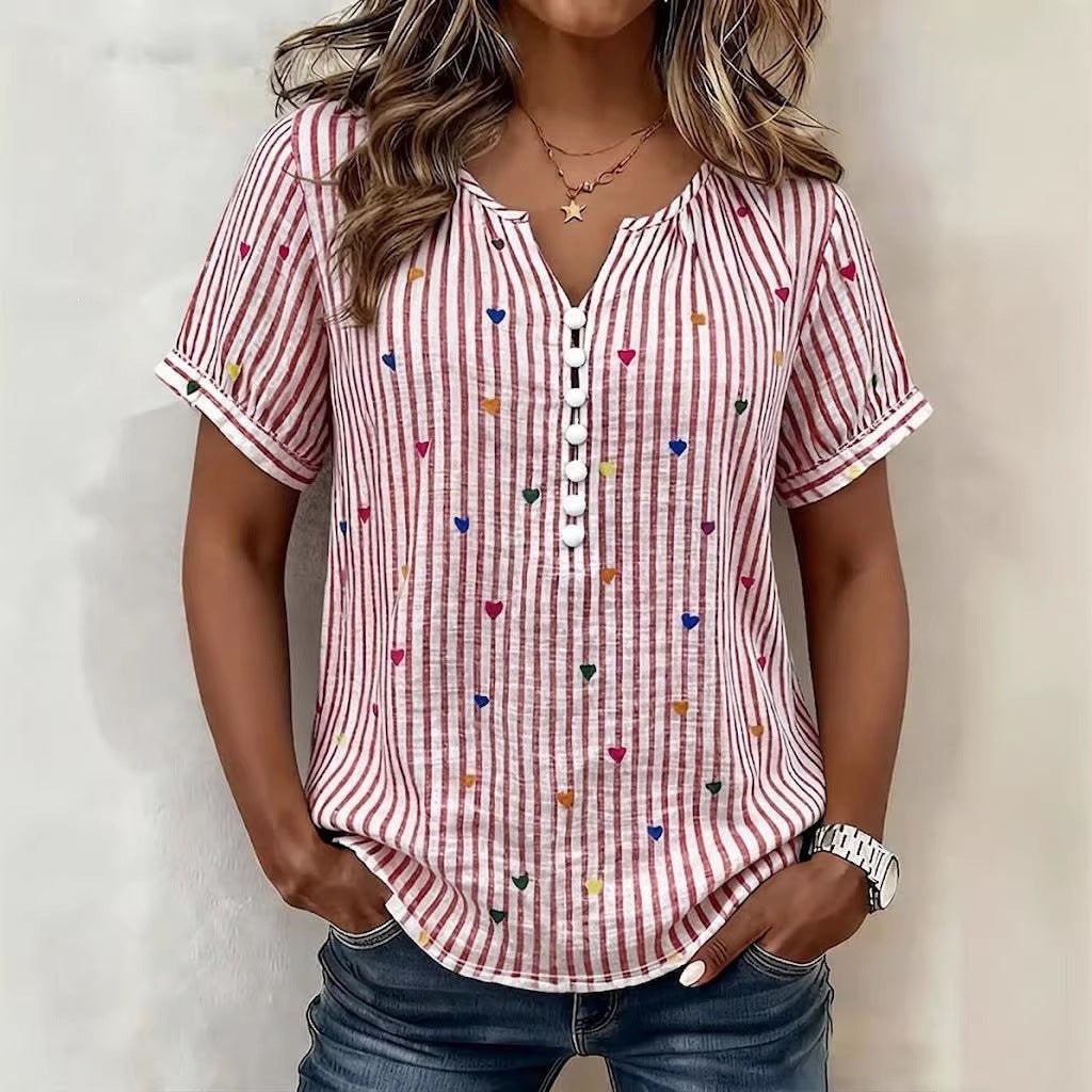 Colorful Heart Striped Henley Blouse