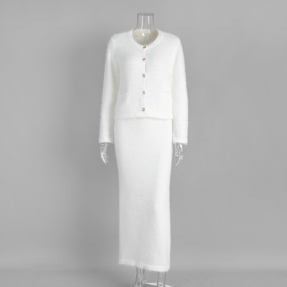 Elegant Cardigan And Midi Skirt Set In White