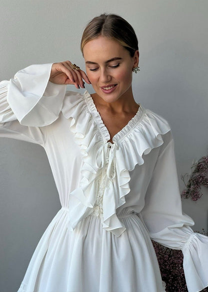 Ruffled A Line Dress Lightweight White Fabric